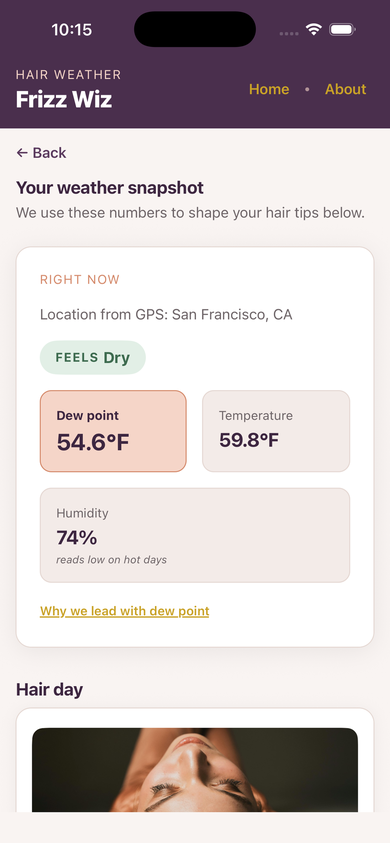 Weather snapshot with Feels chip and dew point